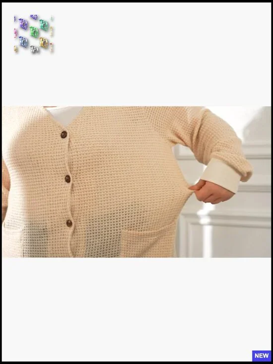 Oversized Waffle Knit Cardigan Long Sleeve Button Front Pockets Casual Chic - Picture 7 of 7